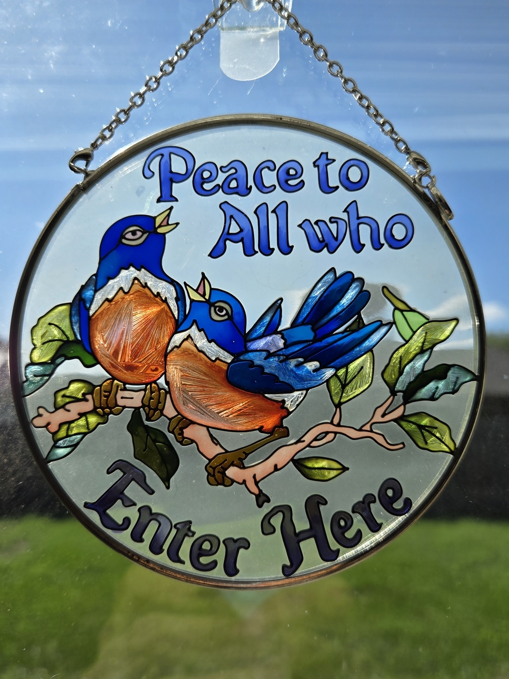 Vintage AMIA Hand Painted Glass Suncatcher Bluebird 4.5"